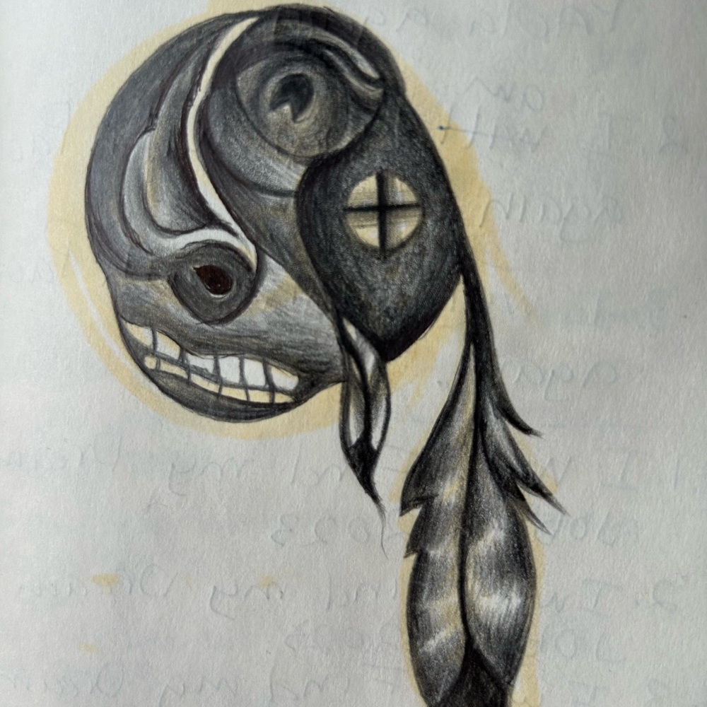 Monochrome Feathered Skull Illustration “Time Vaper”